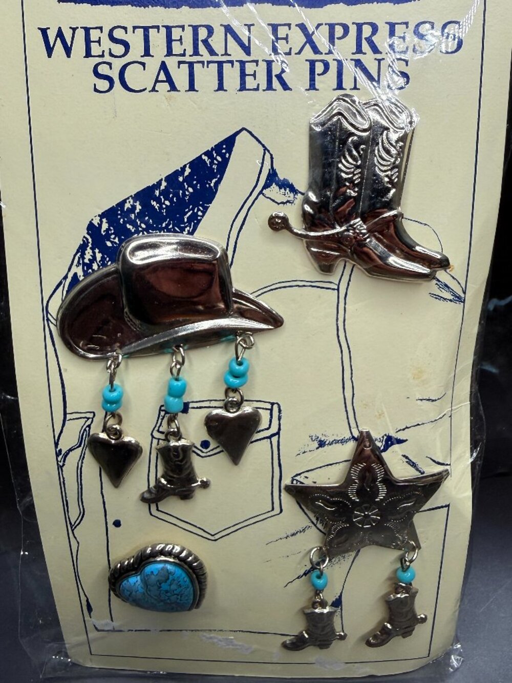NEW VTG Western Express Scatter Pins Cowboy Rodeo Silver Tone Faux Turquoise 90s